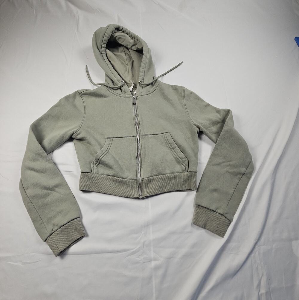 Cropped Zip Hoodie by H&M Basic S Sage Green Olive Full Zip Drawstring